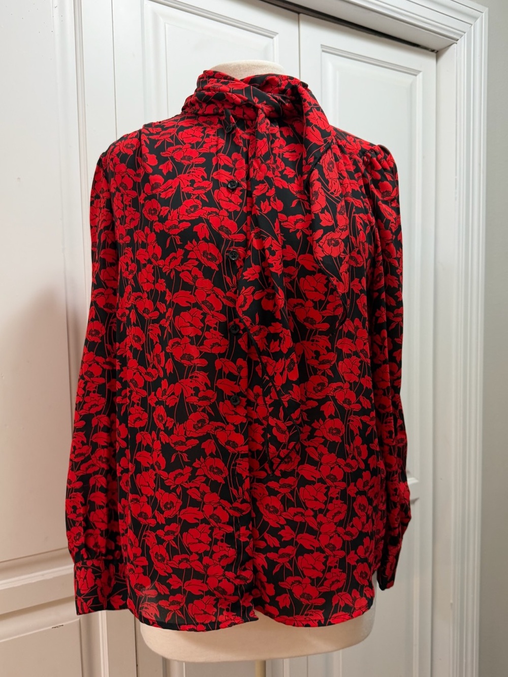 Red Poppy Tie-Neck Blouse
